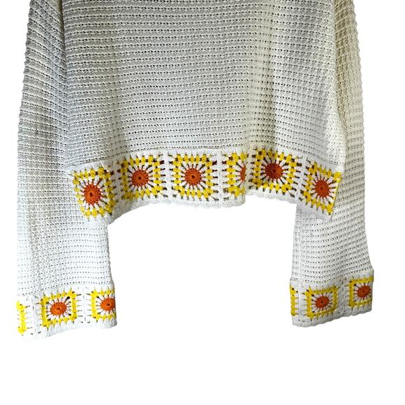 Women Crochet Bell Sleeve Sweater Open Weave Boho Granny Square Festival Cottage - Picture 8 of 9